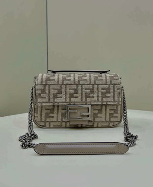 Fendi 8BS017 Mini Baguette Chain Midi Dove gray FF tapestry fabric bag 8579S - Default Title - View 1