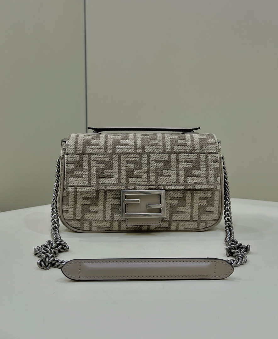 Fendi 8BS017 Mini Baguette Chain Midi Dove gray FF tapestry fabric bag 8579S