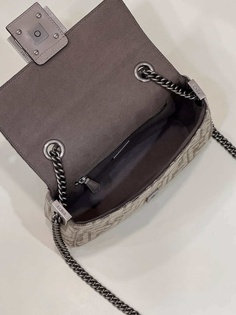 Fendi 8BS017 Mini Baguette Chain Midi Dove gray FF tapestry fabric bag 8579S