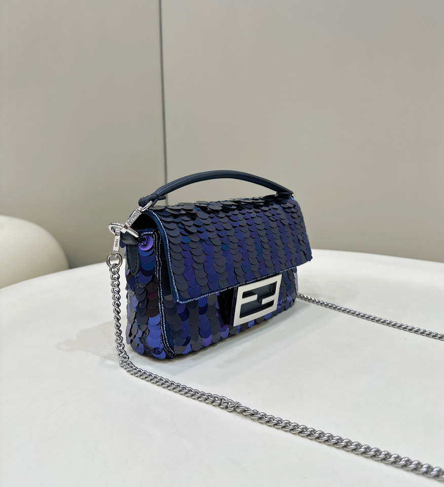 Fendi 8BS017 Mini Baguette Dark and mid blue sequin and leather bag 8601s