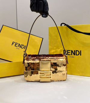 Fendi 8BS017 Mini Baguette Gold sequin and leather bag 8601s - Default Title - View 1