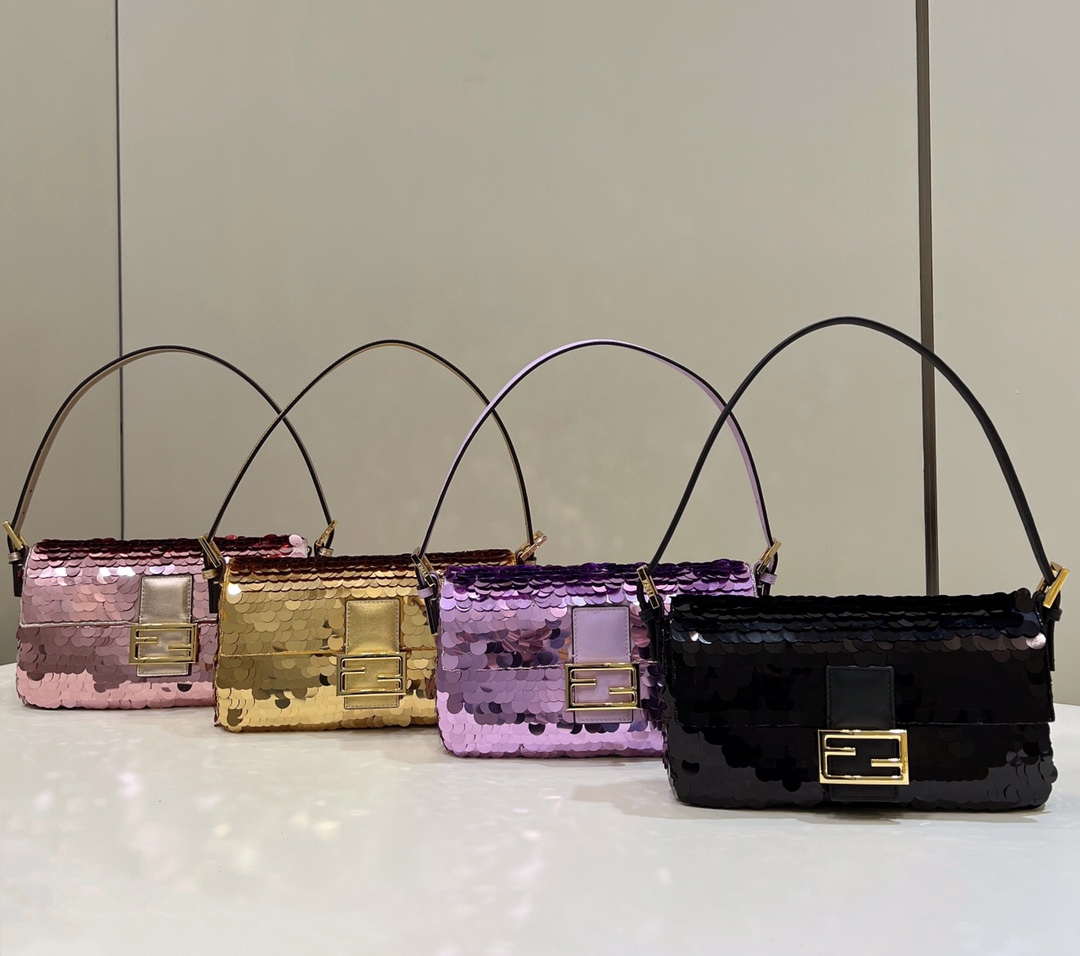 Fendi 8BS017 Mini Baguette Gold sequin and leather bag 8601s