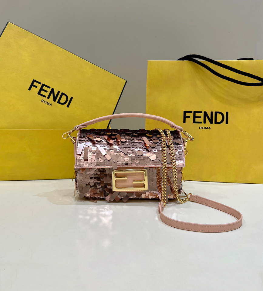 Fendi 8BS017 Mini Baguette Pink sequin and leather bag 8601s - Default Title - View 1