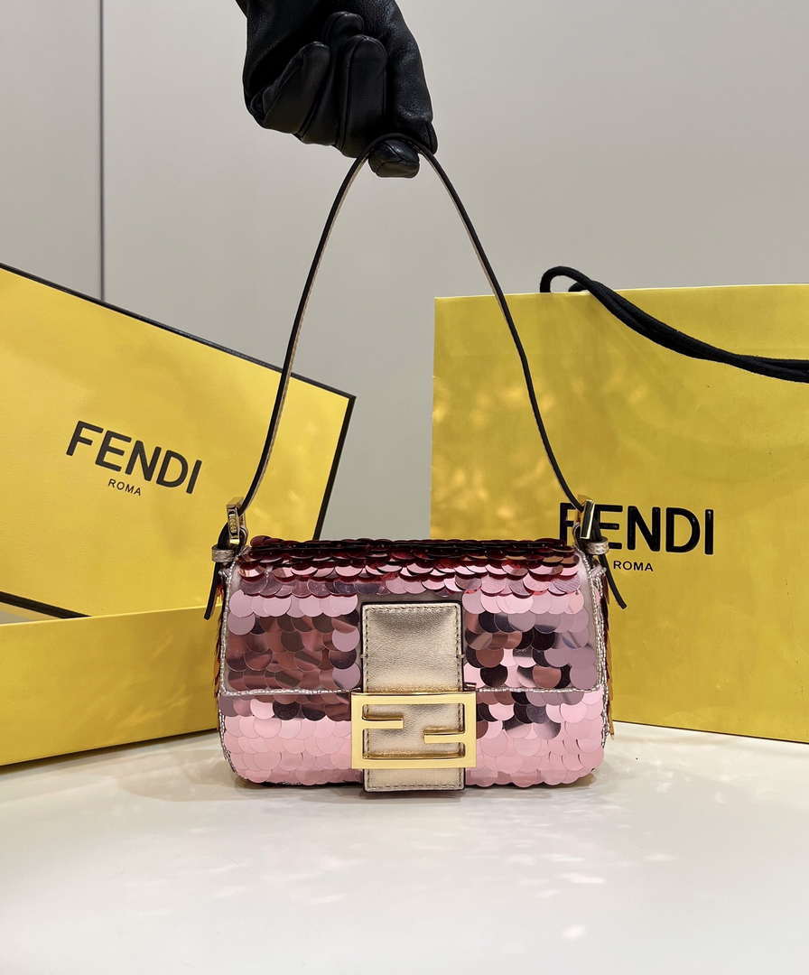 Fendi 8BS017 Mini Baguette Rose red sequin and leather bag 8601s