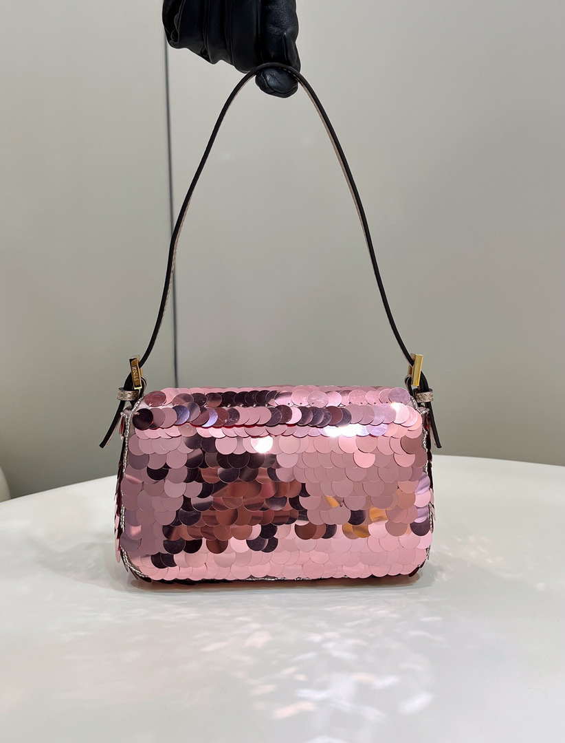 Fendi 8BS017 Mini Baguette Rose red sequin and leather bag 8601s - Default Title - View 7