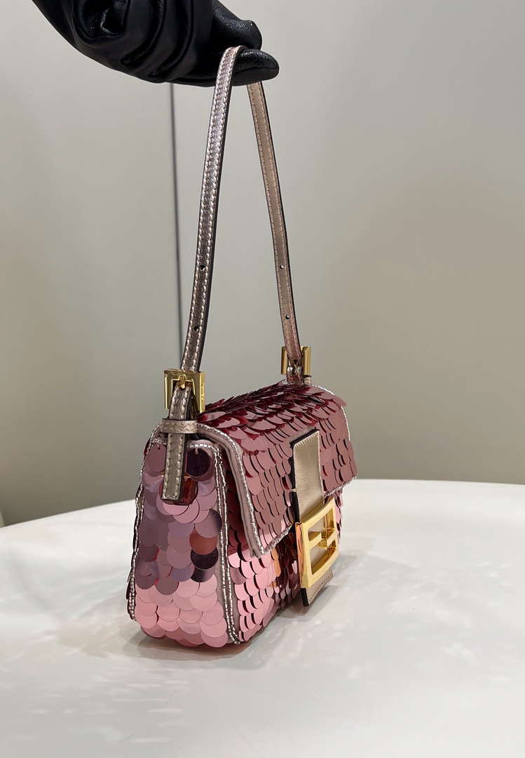 Fendi 8BS017 Mini Baguette Rose red sequin and leather bag 8601s - Default Title - View 8