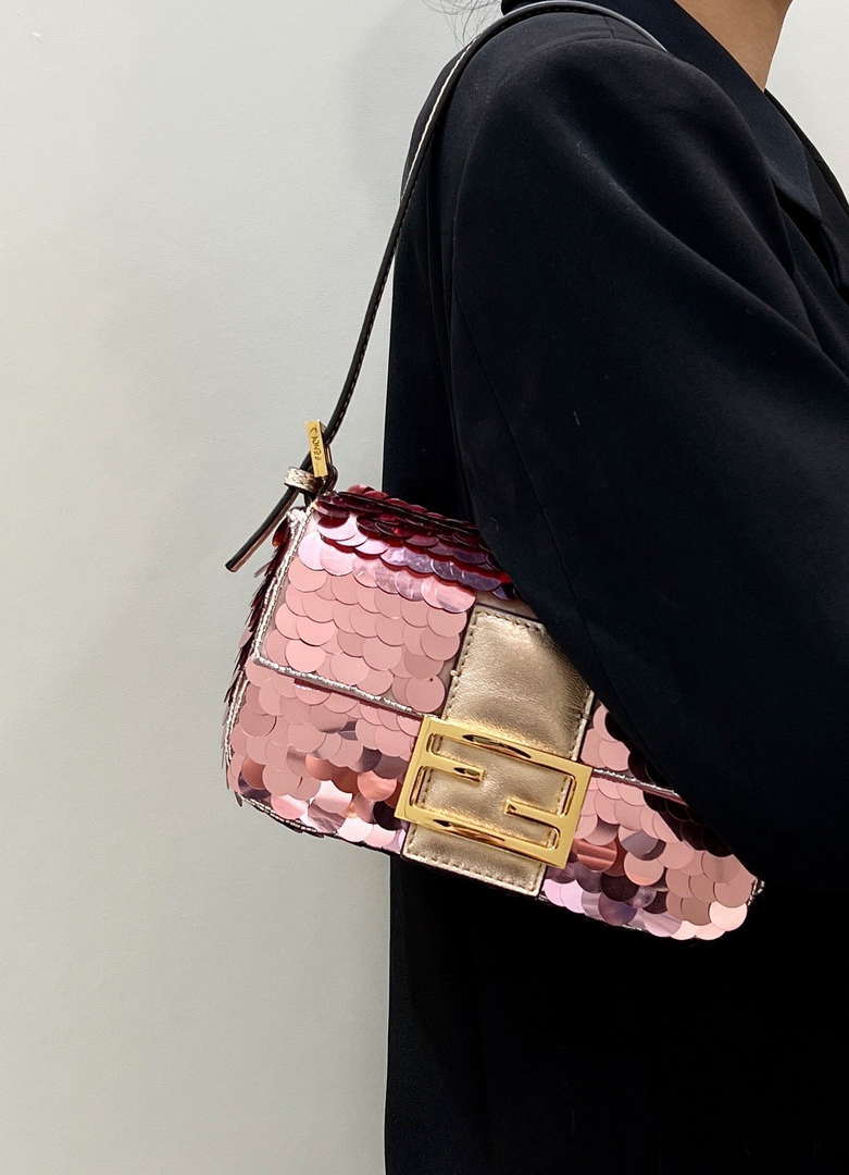 Fendi 8BS017 Mini Baguette Rose red sequin and leather bag 8601s - Default Title - View 3
