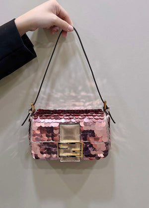 Fendi 8BS017 Mini Baguette Rose red sequin and leather bag 8601s - Default Title - View 2