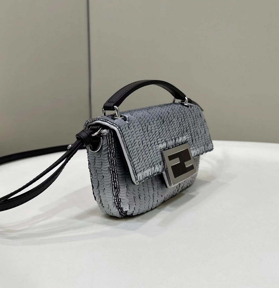 Fendi 8BS017 Mini Baguette Silver sequin and leather bag 8601s - Default Title - View 2