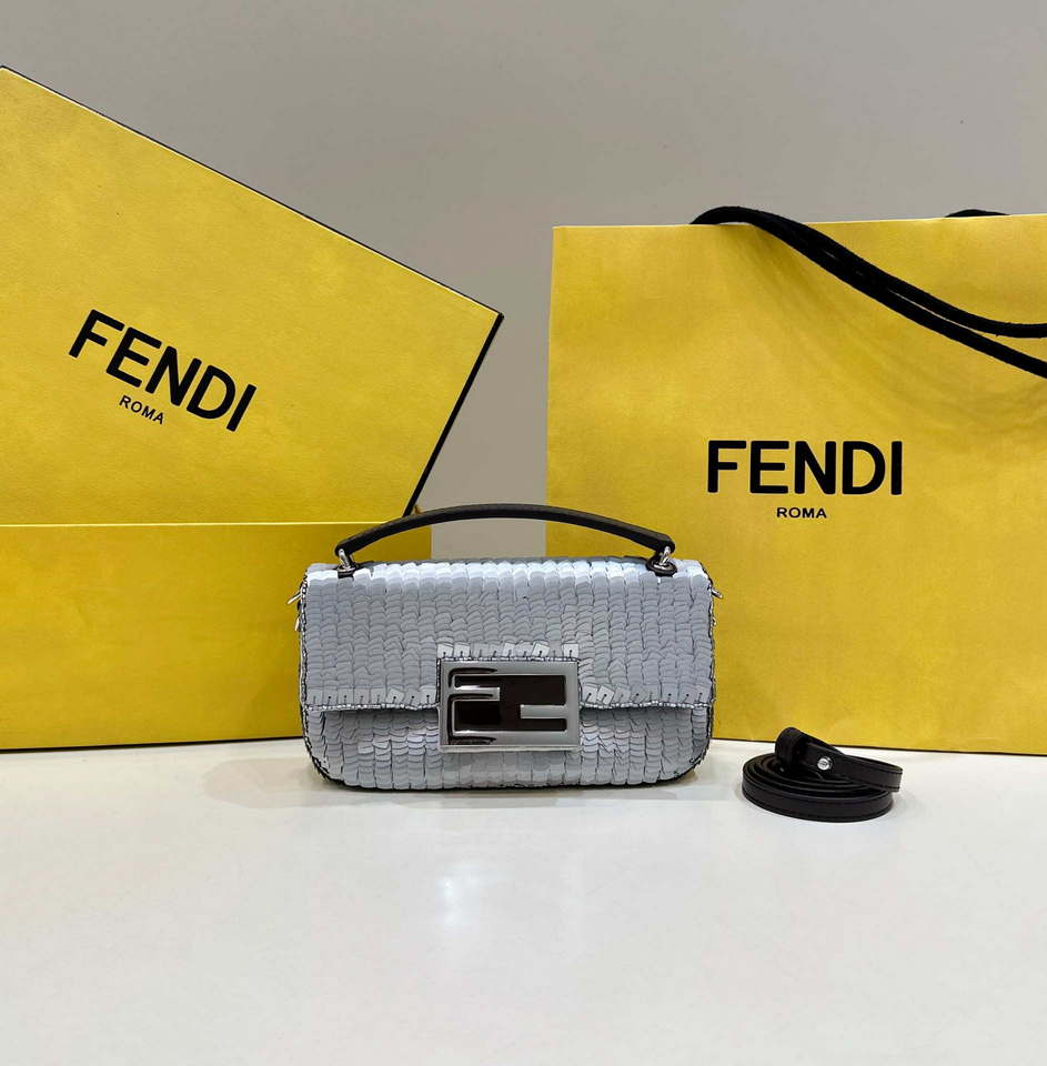 Fendi 8BS017 Mini Baguette Silver sequin and leather bag 8601s - Default Title - View 1