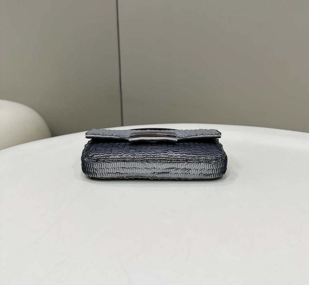 Fendi 8BS017 Mini Baguette Silver sequin and leather bag 8601s
