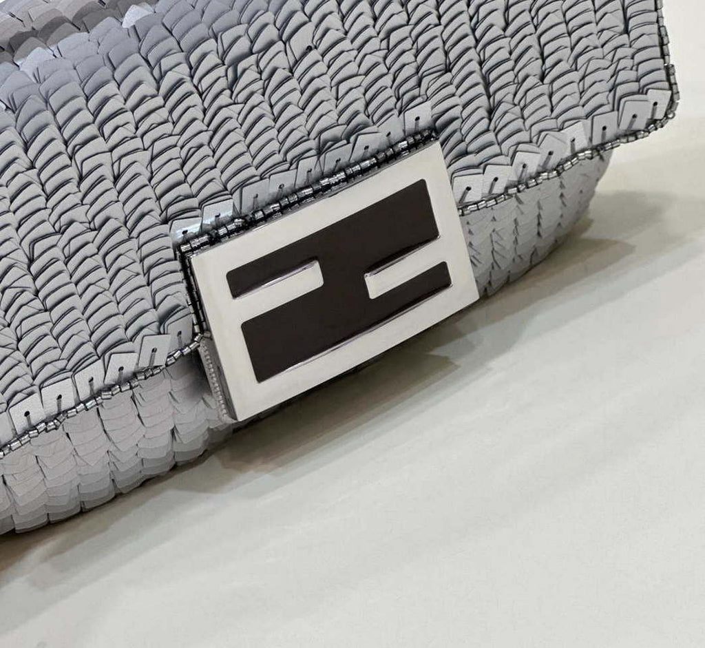 Fendi 8BS017 Mini Baguette Silver sequin and leather bag 8601s