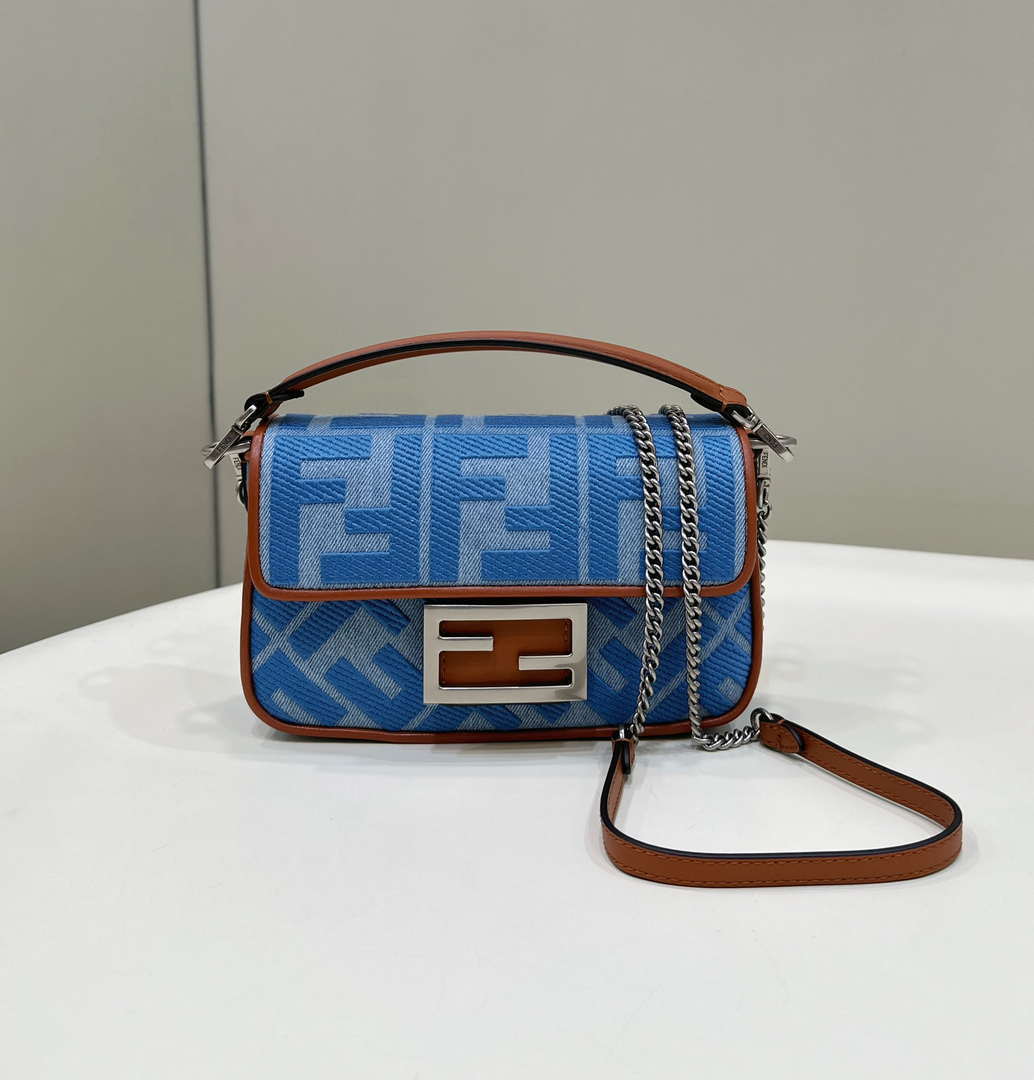 Fendi 8BS017 Mini Baguette Sky Blue canvas bag with FF embroidery 0159BS - Default Title - View 1