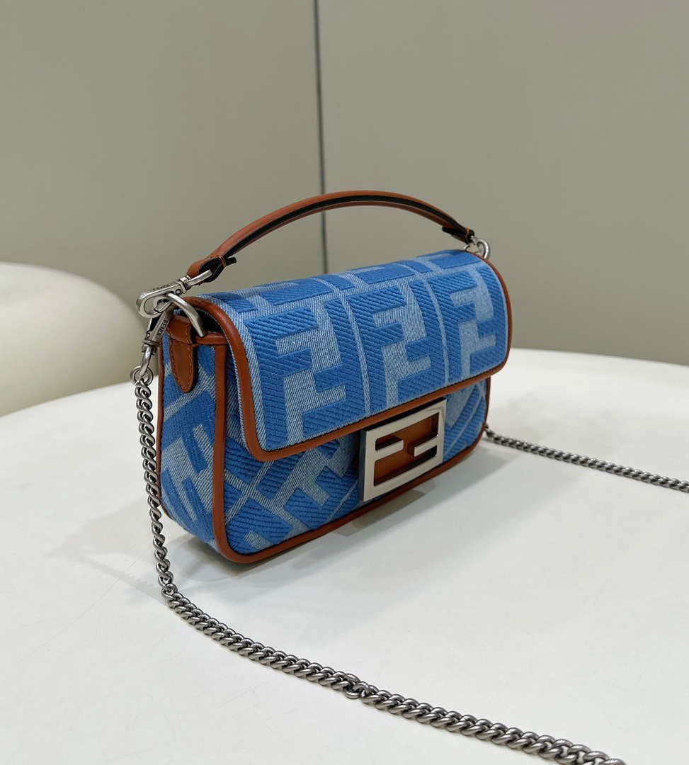 Fendi 8BS017 Mini Baguette Sky Blue canvas bag with FF embroidery 0159BS - Default Title - View 3