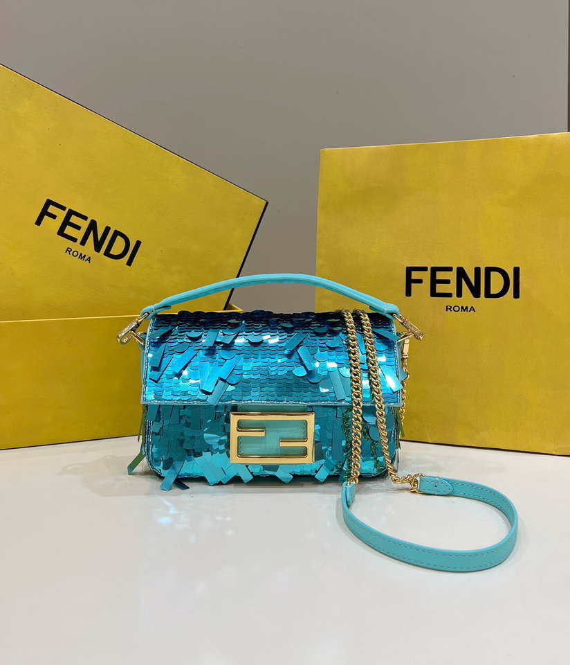 Fendi 8BS017 Mini Baguette Turquoise sequin and leather bag 8601s