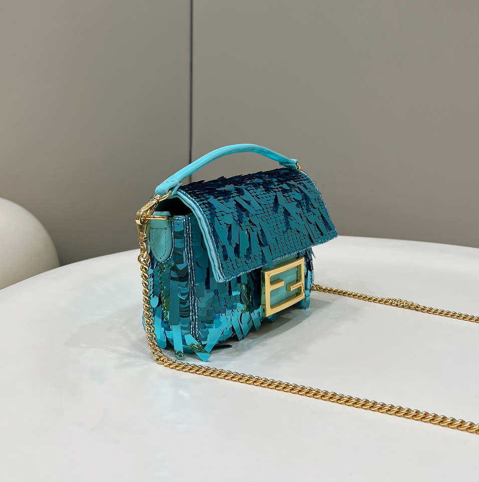 Fendi 8BS017 Mini Baguette Turquoise sequin and leather bag 8601s