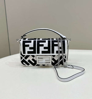 Fendi 8BS017 Mini Baguette White and black canvas bag with FF embroidery 0159BS - Default Title - View 1