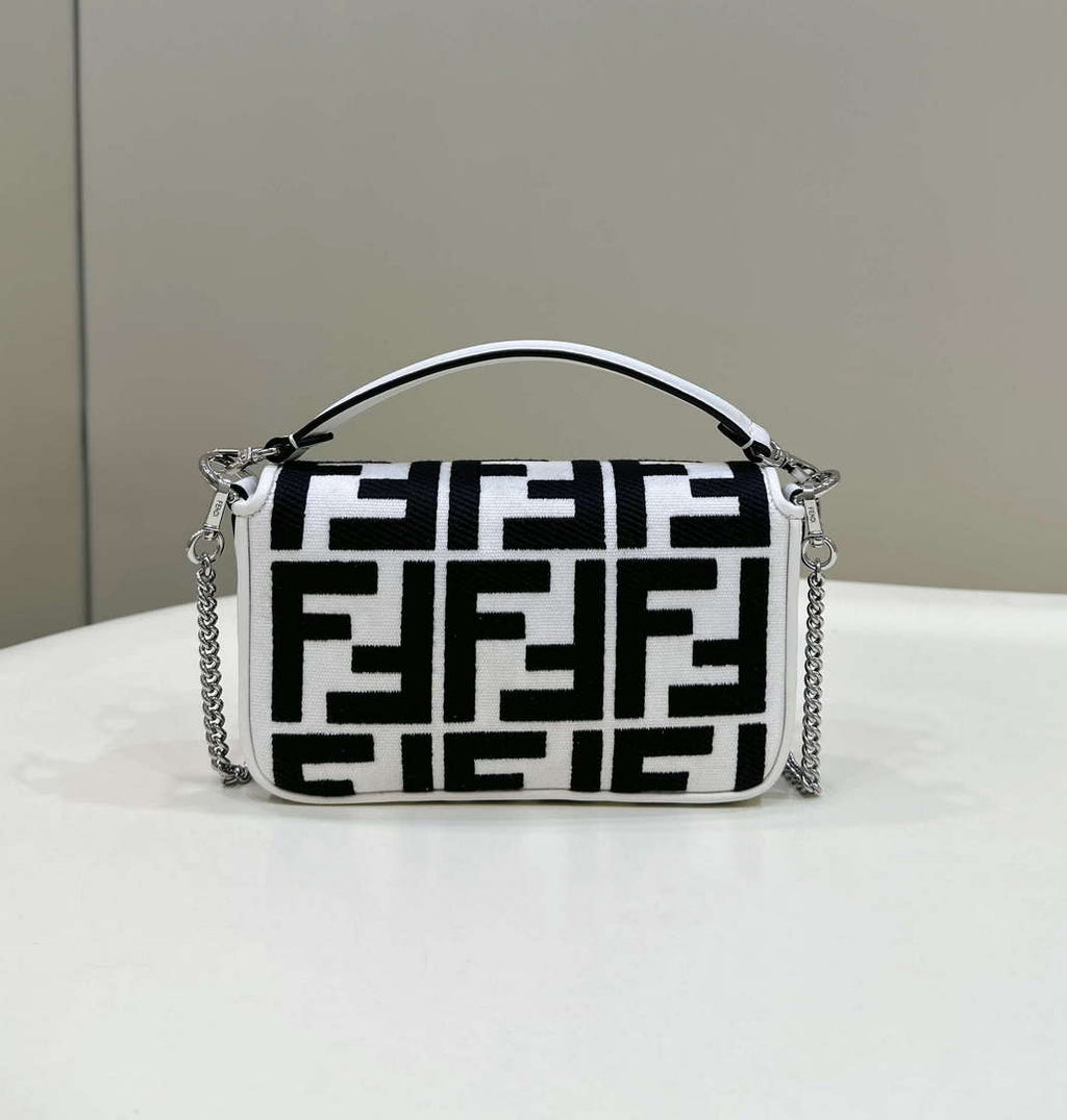 Fendi 8BS017 Mini Baguette White and black canvas bag with FF embroidery 0159BS