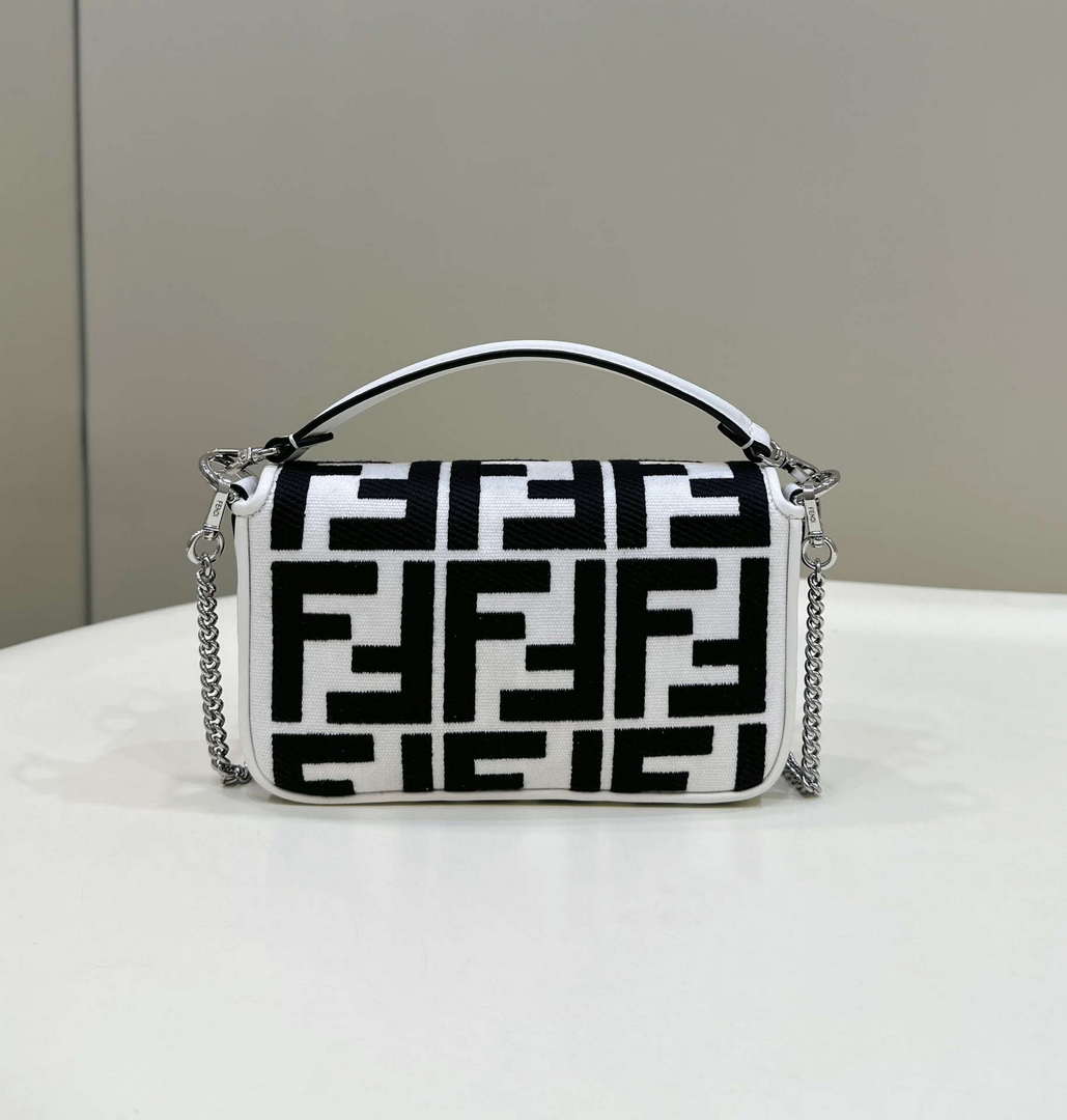 Fendi 8BS017 Mini Baguette White and black canvas bag with FF embroidery 0159BS - Default Title - View 2