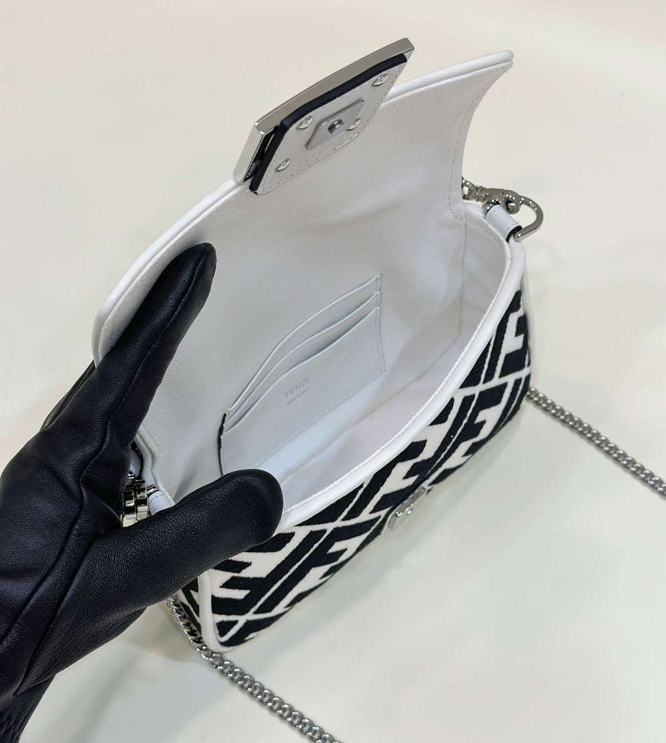 Fendi 8BS017 Mini Baguette White and black canvas bag with FF embroidery 0159BS