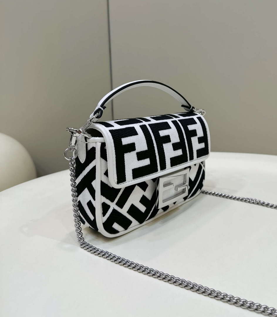 Fendi 8BS017 Mini Baguette White and black canvas bag with FF embroidery 0159BS - Default Title - View 8