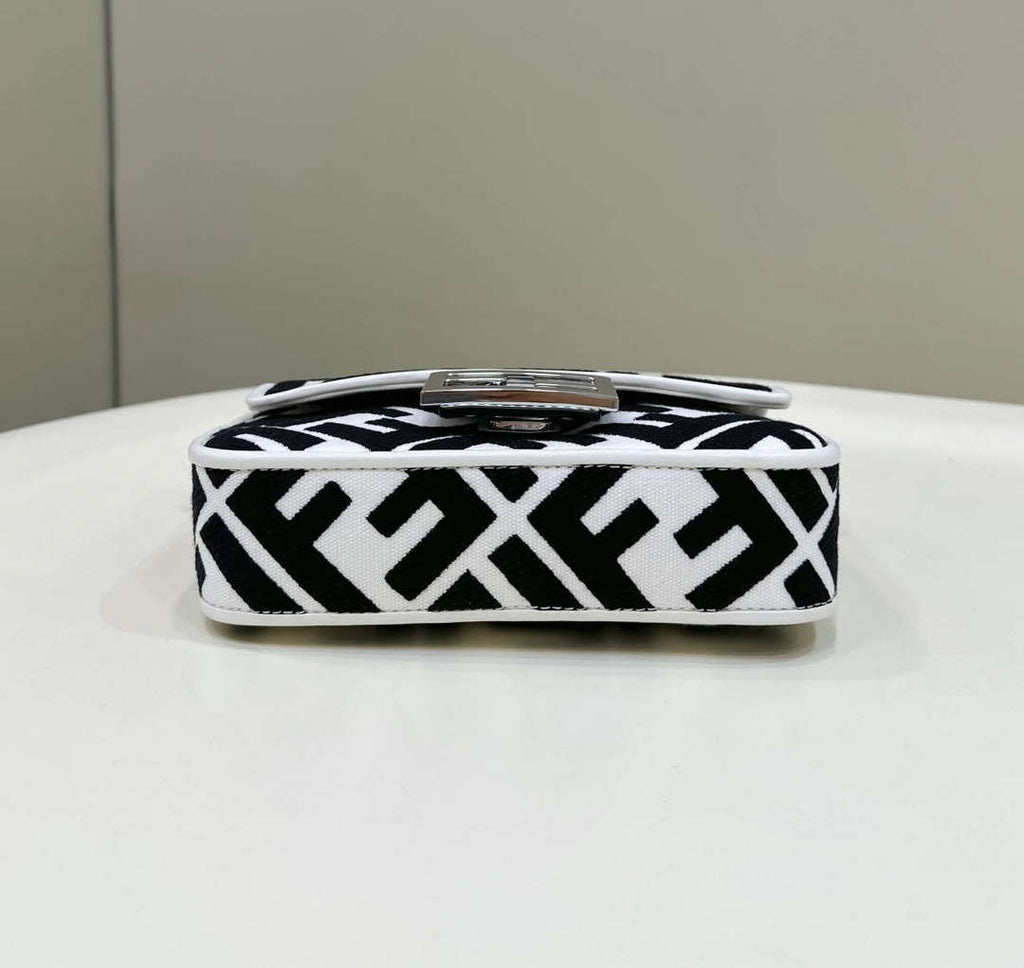 Fendi 8BS017 Mini Baguette White and black canvas bag with FF embroidery 0159BS