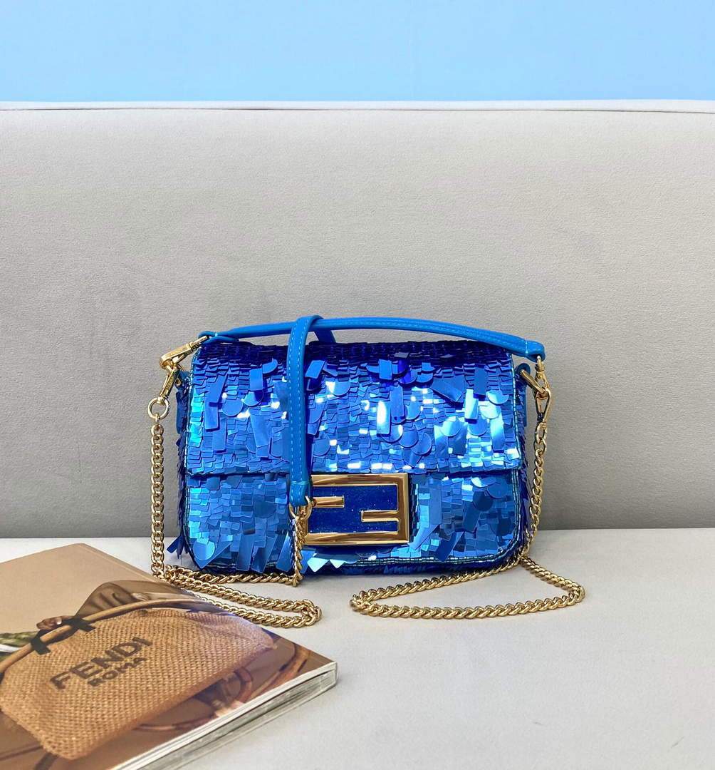 Fendi 8BS049 Mini Baguette 1997 Blue Satin Bag with Sequins 0127S