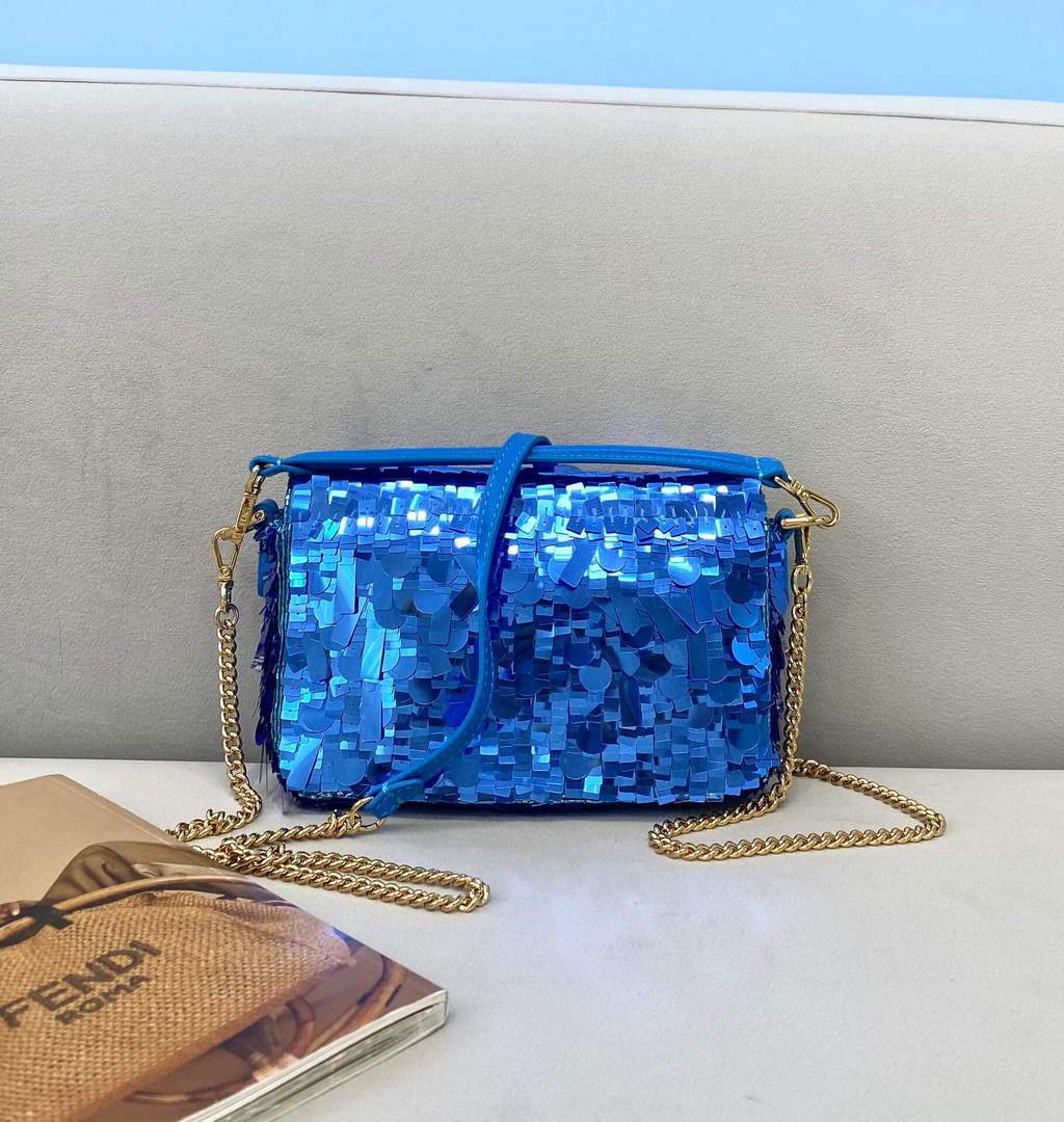 Fendi 8BS049 Mini Baguette 1997 Blue Satin Bag with Sequins 0127S