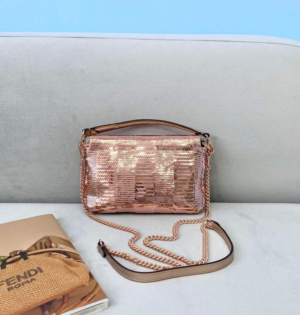 Fendi 8BS049 Mini Baguette 1997 Pink Satin Bag with Sequins 0127S