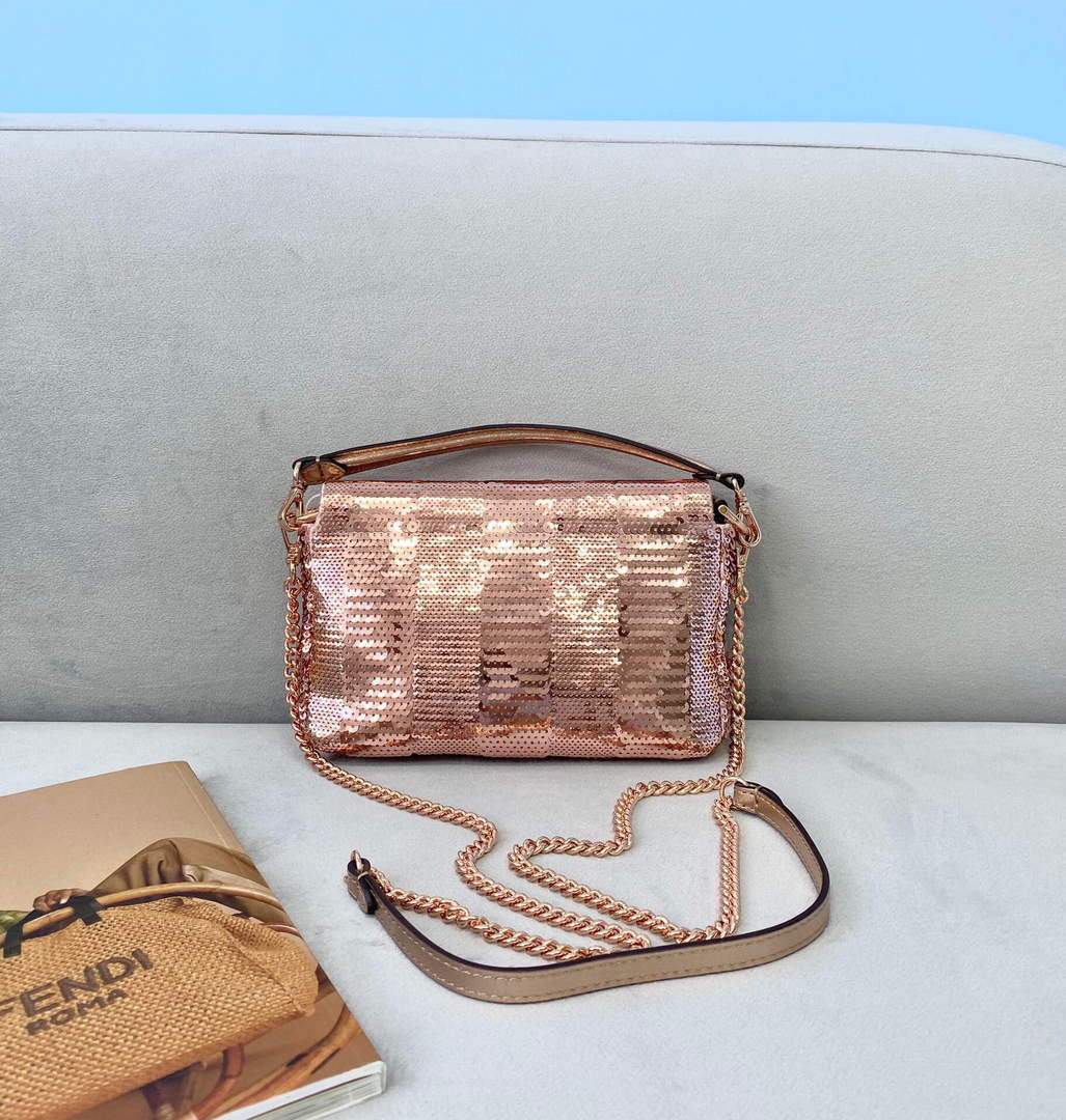 Fendi 8BS049 Mini Baguette 1997 Pink Satin Bag with Sequins 0127S