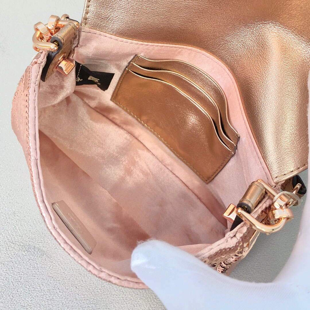 Fendi 8BS049 Mini Baguette 1997 Pink Satin Bag with Sequins 0127S
