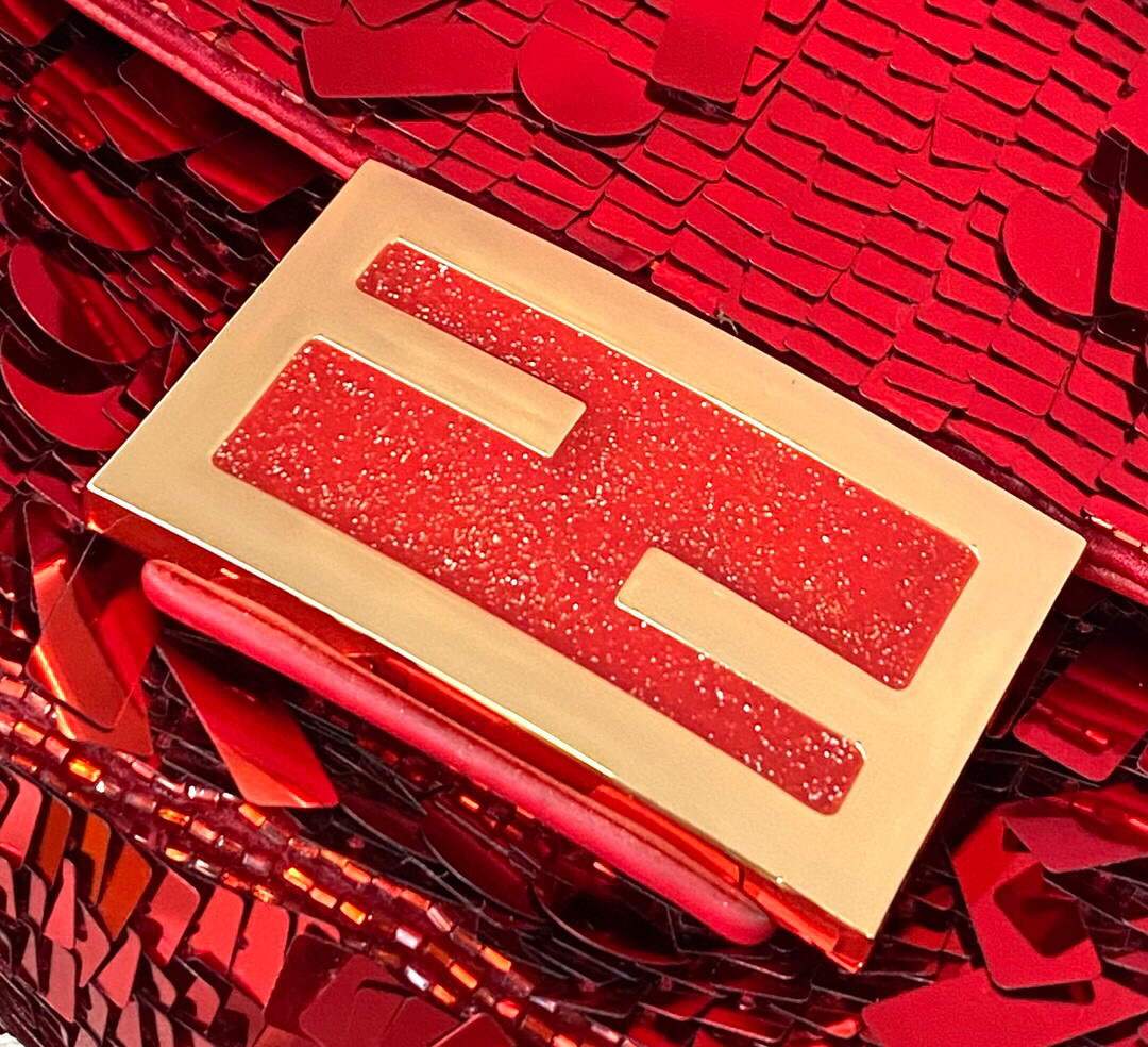 Fendi 8BS049 Mini Baguette 1997 Red Satin Bag with Sequins 0127S