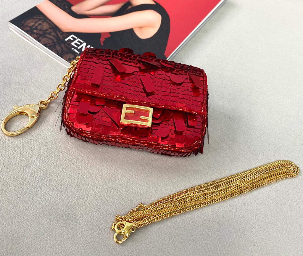Fendi 8BS049 Nano Baguette 1997 Red Satin Bag with Sequins 0136