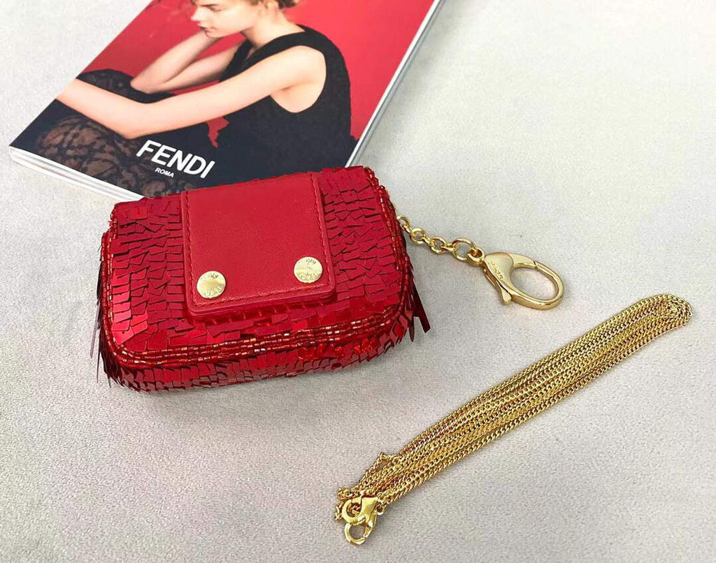 Fendi 8BS049 Nano Baguette 1997 Red Satin Bag with Sequins 0136