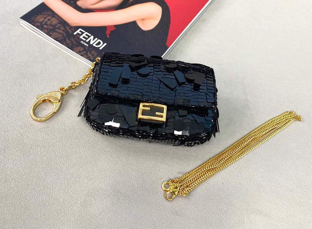 Fendi 8BS049 Nano Baguette 1997 Black Satin Bag with Sequins 0136