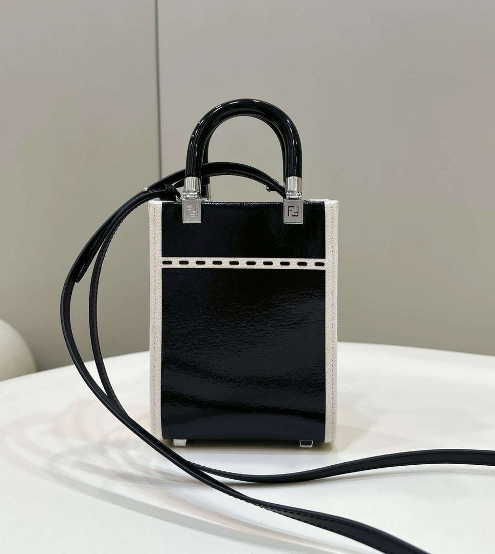 Fendi 8BS051 Mini Sunshine Shopper Black & White Leather Bag 8616S