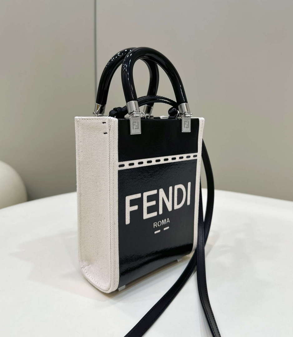 Fendi 8BS051 Mini Sunshine Shopper Black & White Leather Bag 8616S