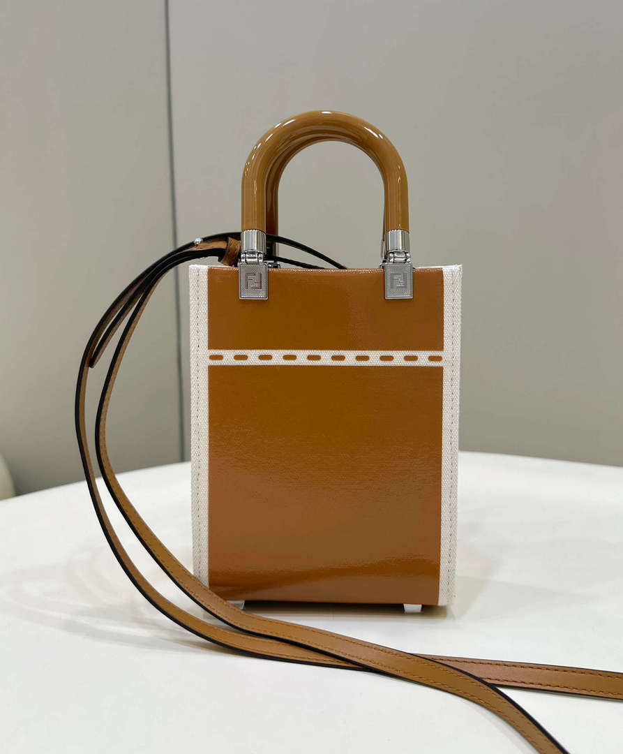 Fendi 8BS051 Mini Sunshine Shopper Brown & White Leather Bag 8616S