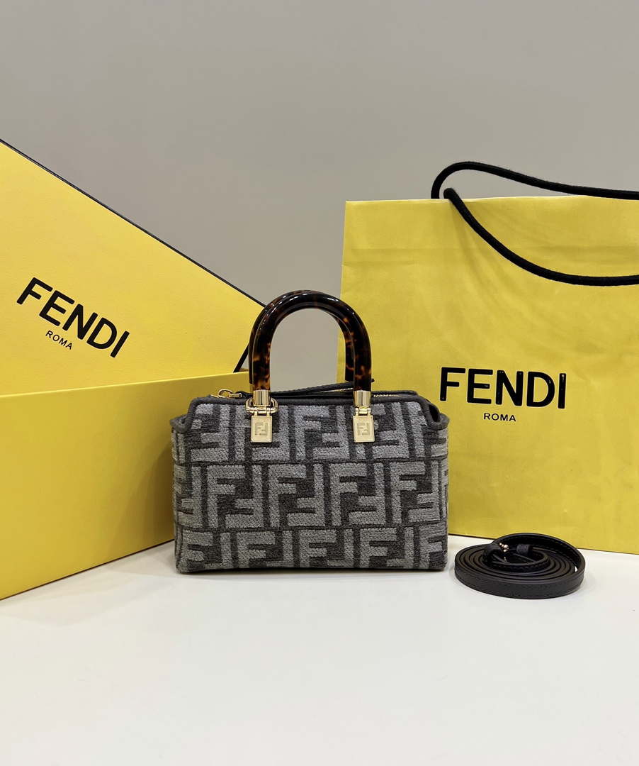 Fendi 8BS067 By The Way Mini Small Boston Jacquard FF fabric bag Dark Gray - Default Title - View 1