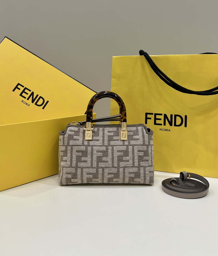 Fendi 8BS067 By The Way Mini Small Boston Jacquard FF fabric bag Gray - Default Title - View 1