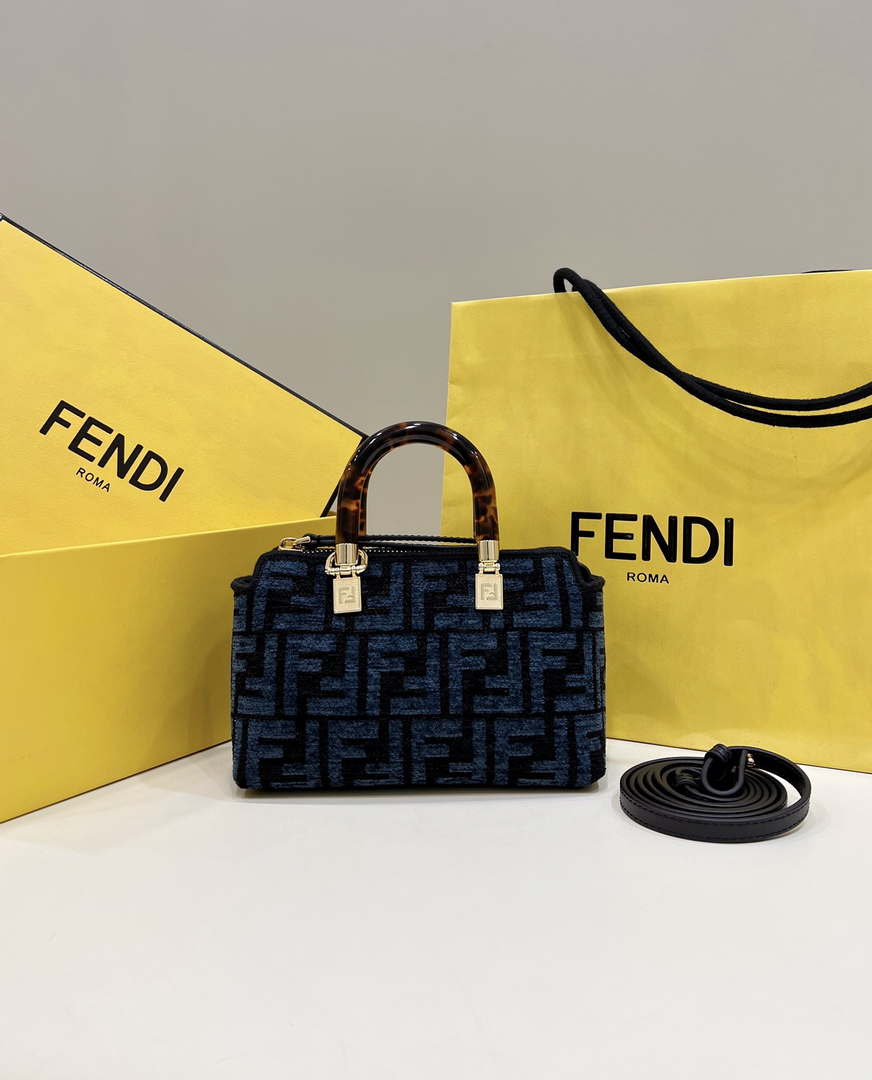 Fendi 8BS067 By The Way Mini Small Boston Jacquard FF fabric bag Navy blue - Default Title - View 1