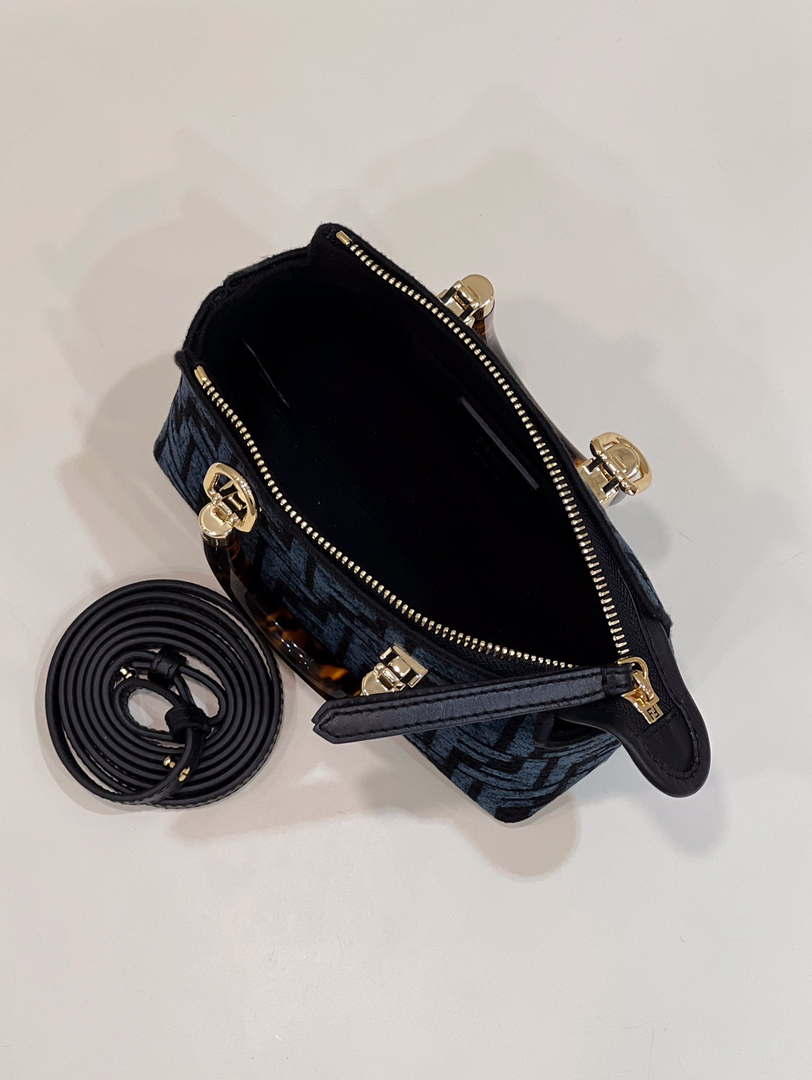 Fendi 8BS067 By The Way Mini Small Boston Jacquard FF fabric bag Navy blue