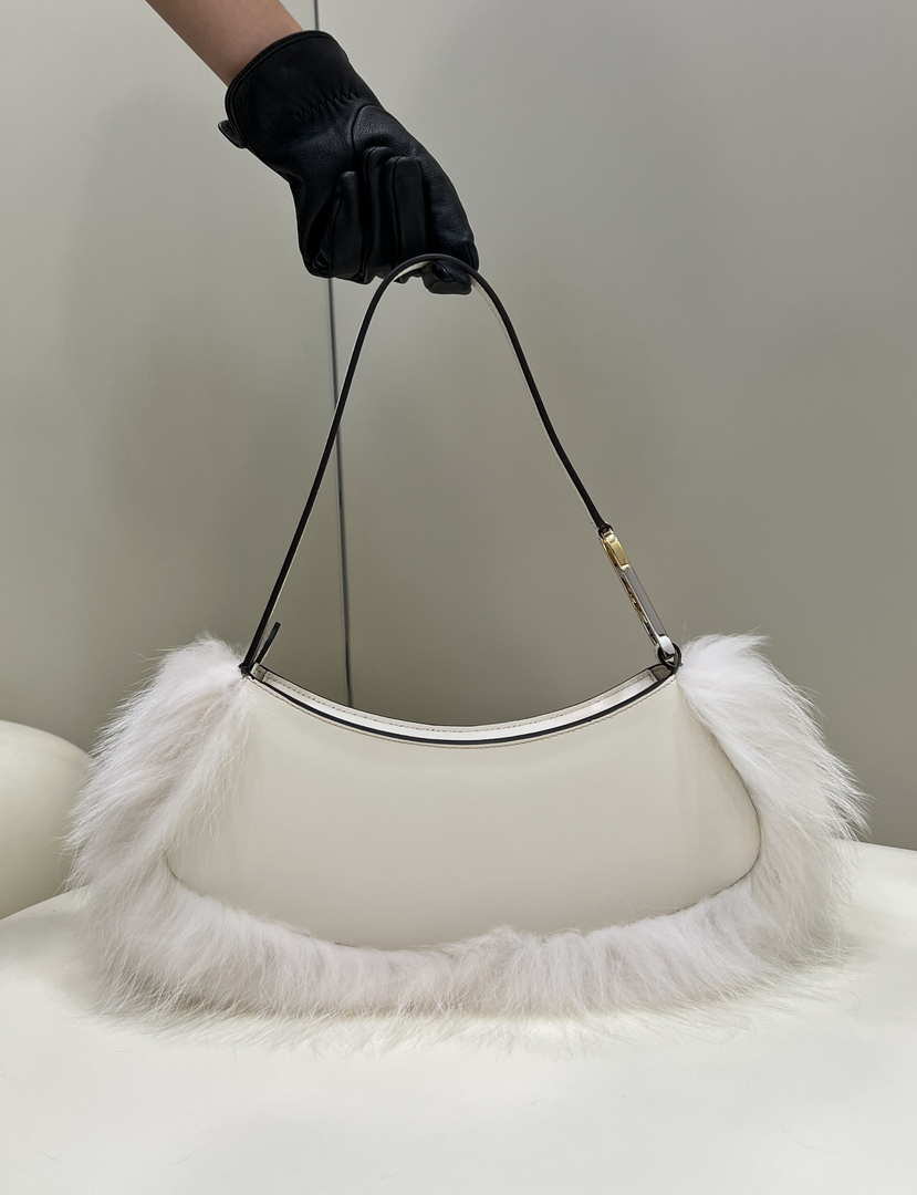 Fendi 8BS068ALS9F1IVS O¡¯Lock Swing Camellia leather and fox fur pouch 8573 White
