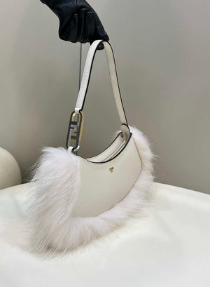 Fendi 8BS068ALS9F1IVS O¡¯Lock Swing Camellia leather and fox fur pouch 8573 White - Default Title - View 3