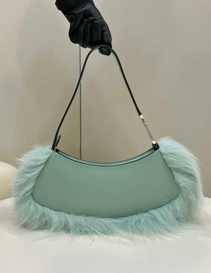Fendi 8BS068ALS9F1IVT O¡¯Lock Swing Green leather and fox fur pouch 8573 - Default Title - View 2
