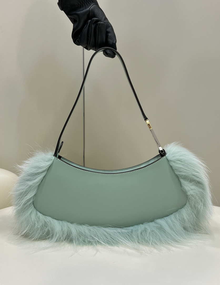 Fendi 8BS068ALS9F1IVT O¡¯Lock Swing Green leather and fox fur pouch 8573