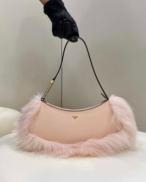 Fendi 8BS068ALS9F1IVT O¡¯Lock Swing Pale pink leather and fox fur pouch 8573 - Default Title - View 1