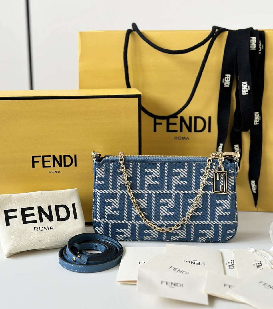 Fendi  8BS073 Baguette Pouch Blue denim-effect FF jacquard charm pouch with chain - Default Title - View 1