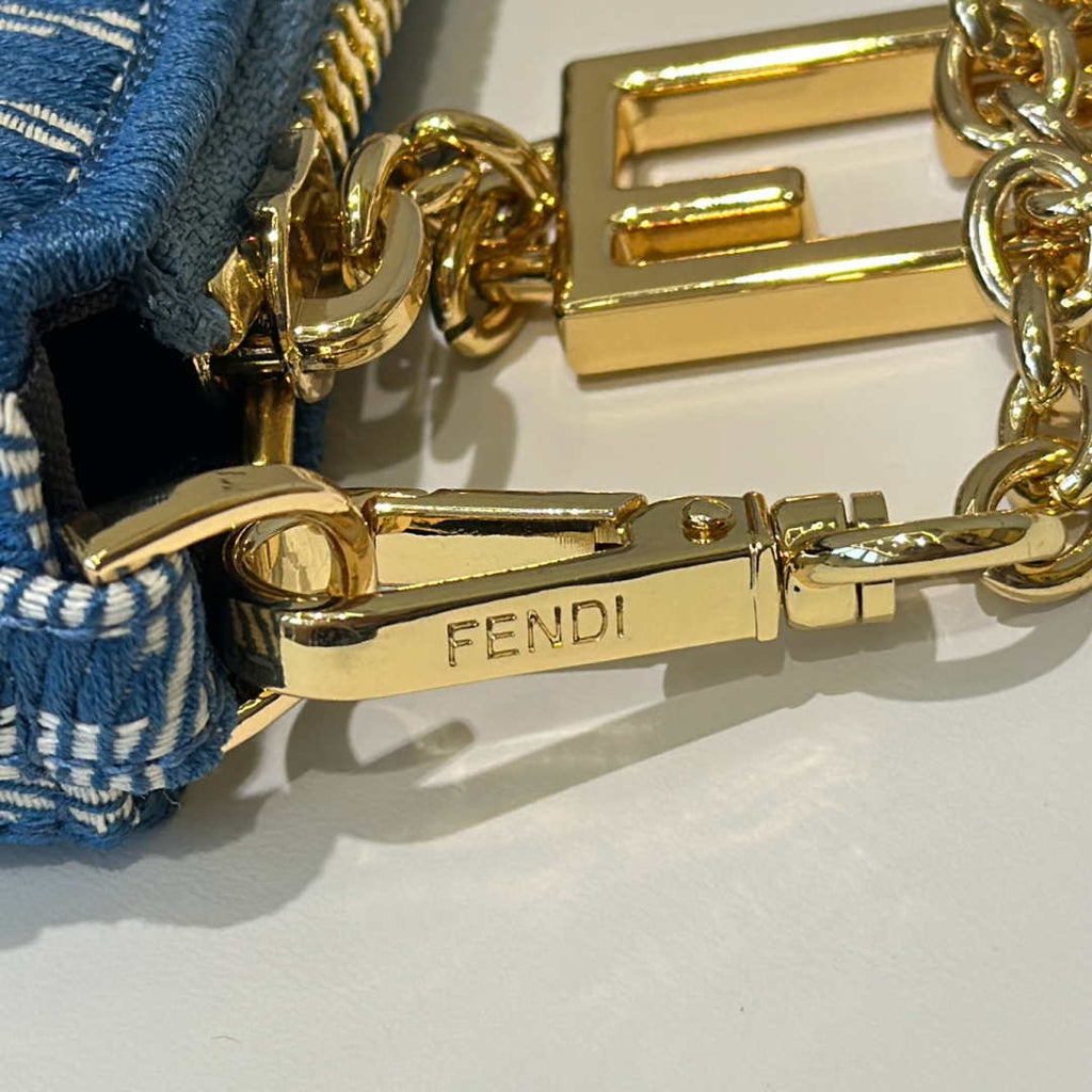 Fendi  8BS073 Baguette Pouch Blue denim-effect FF jacquard charm pouch with chain