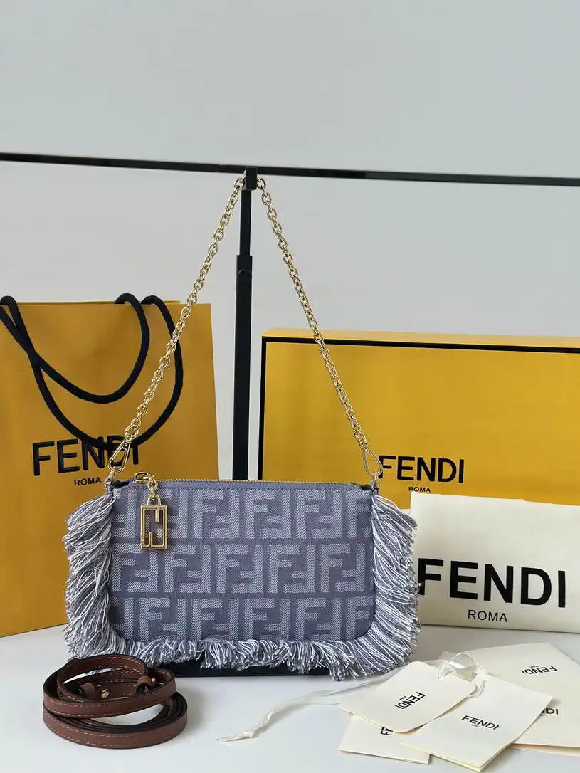 Fendi  8BS073 Baguette Pouch Blue denim-effect FF jacquard charm pouch with chain 073D